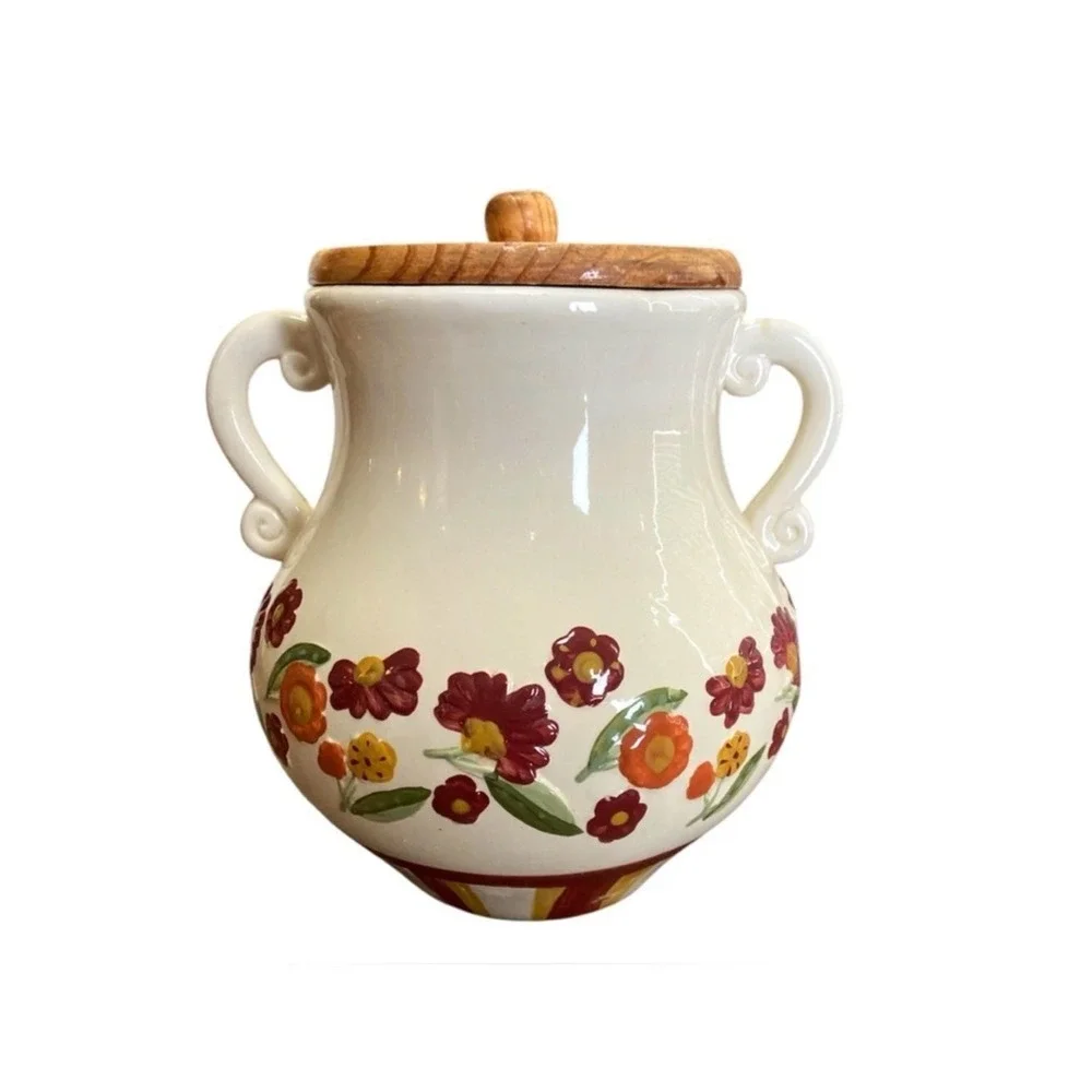 Vintage MSRF‎ French Country Floral Pottery Jar Wooden Lid Handles 9.5″